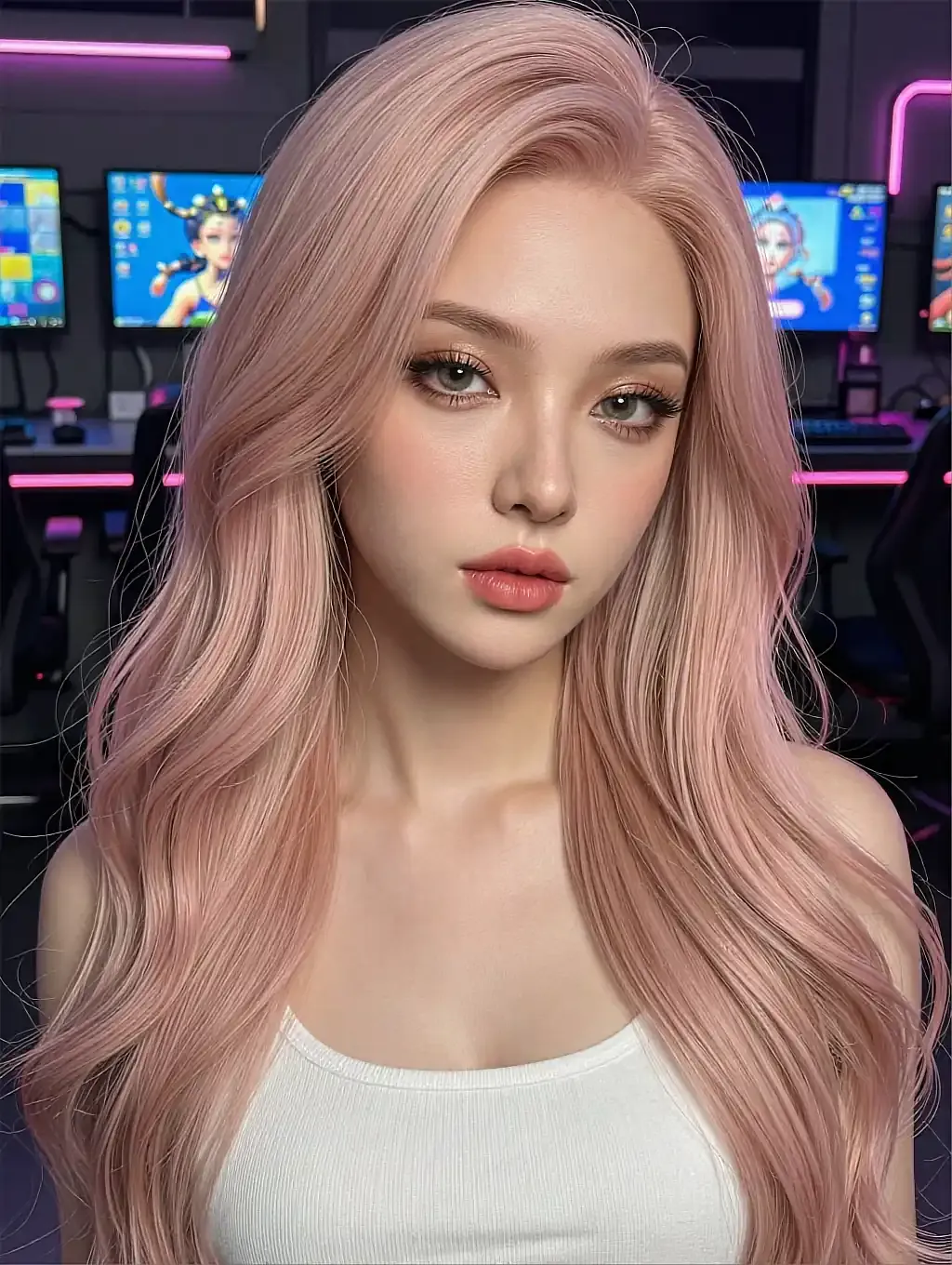 Pink-haired fictional AI character in a white top in a neon-lit gaming room
